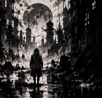 A lone figure walks through the ruined city