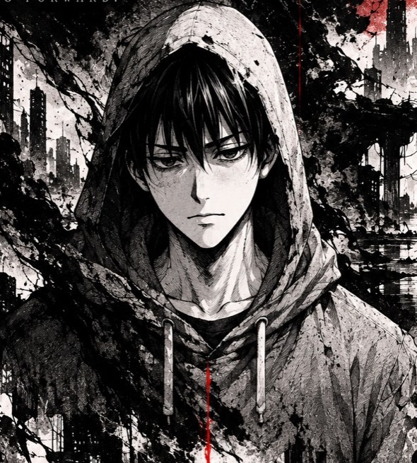 The dark-haired, hooded protagonist with a weary expression
