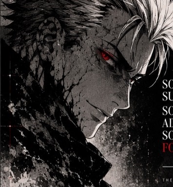 The white-haired character with a red eye, surrounded by black ink