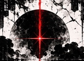 A red star shines across a black moon above the ruins